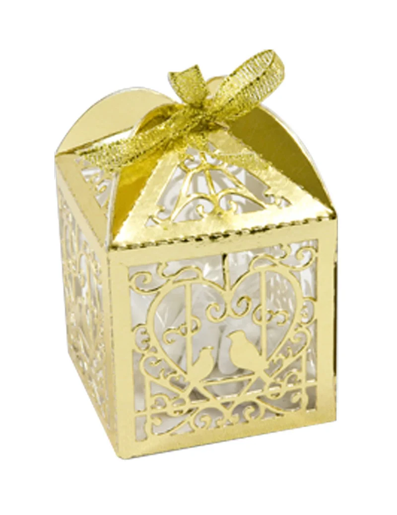 10 metallic-goldene Herz- und Tauben-Kartonboxen 5 x 7,5 cm für Hochzeitsmandeln