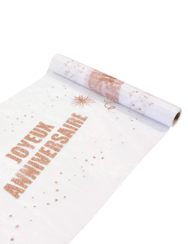 Organza Tischläufer "Happy Birthday" Roségold Glitzer 5m