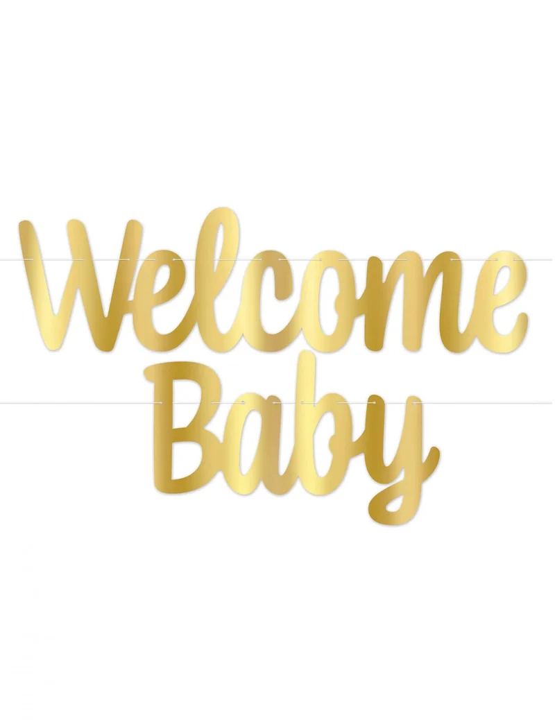 Goldene "Welcome Baby" Kartongirlande für Babyparty