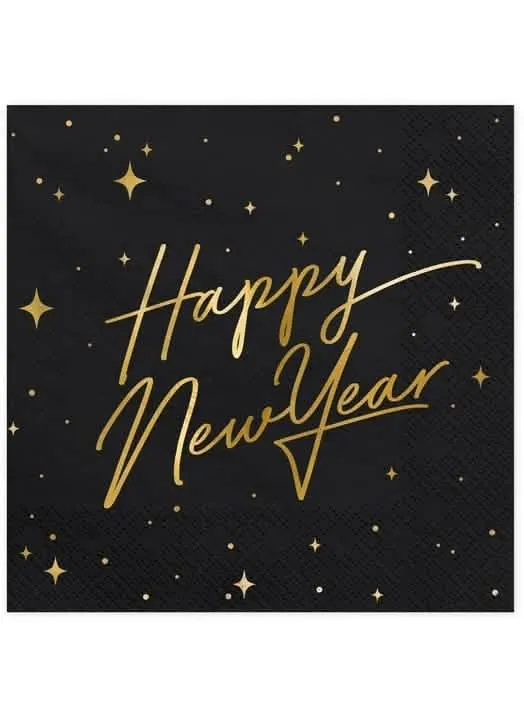 20 Happy New Year Papierservietten Schwarz-Gold 33 x 33 cm Sterndekor