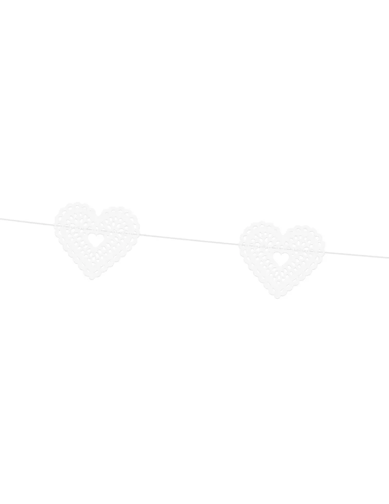 Weiße Papiergirlande mit Spitzenherzen 8 cm x 1,8 m für Hochzeiten