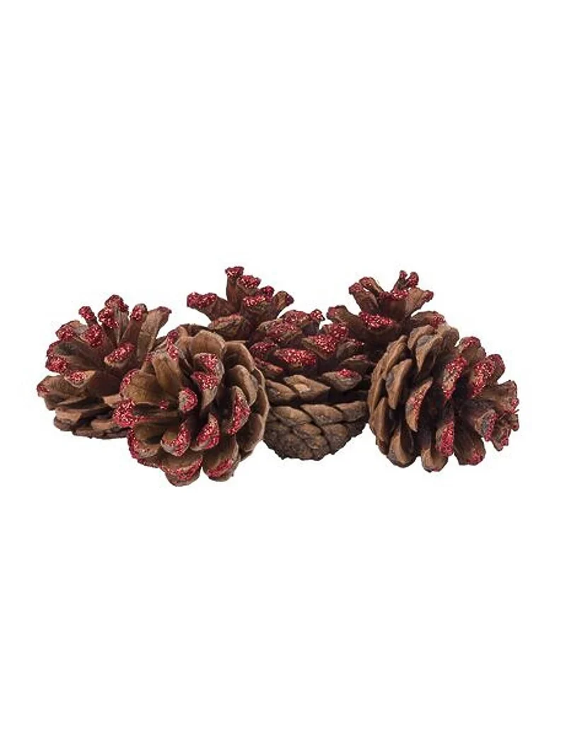 6 rote Glitzer-Tannenzapfen 4 cm für Weihnachten