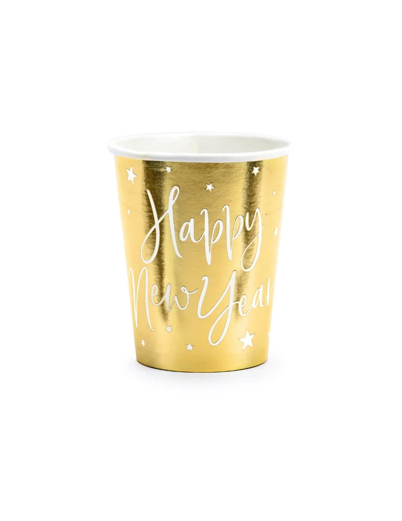6 Happy New Year Pappbecher metallic-gold mit Sternen 220 ml