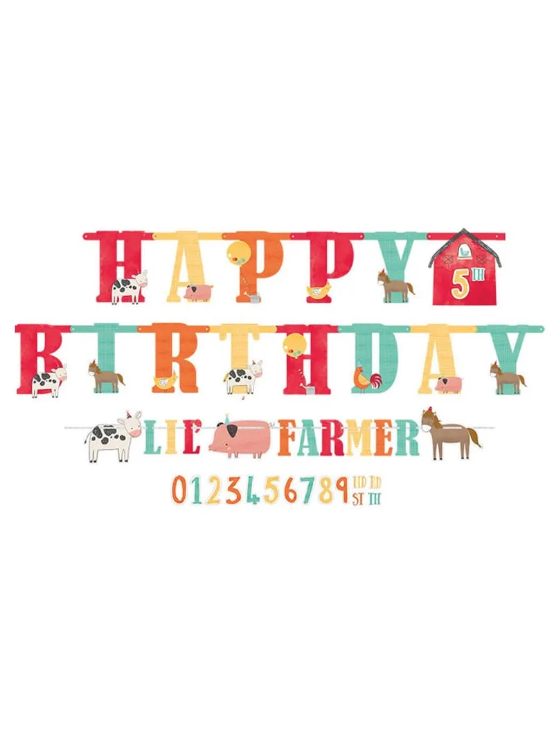 2 "Happy Birthday" Girlanden aus Karton mit personalisierbarem Alter, Bauernhof-Motto mit Tieren