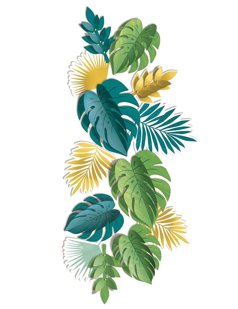 13 exotische, schicke, tropische Blätter aus grün-goldenem Karton