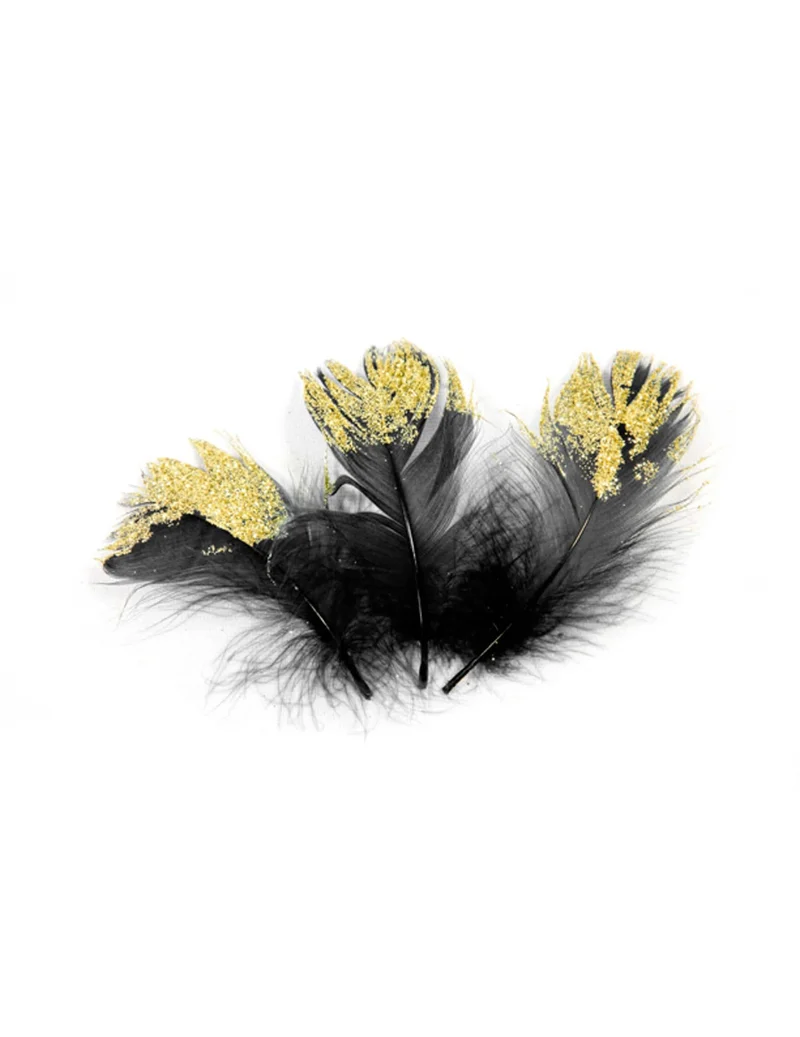 25 schwarze und goldene Glitzerfedern 7,5 cm Charleston