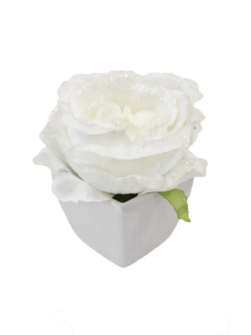 Weiße künstliche Rose mit goldenem Glitzer im weißen Topf, 8 cm