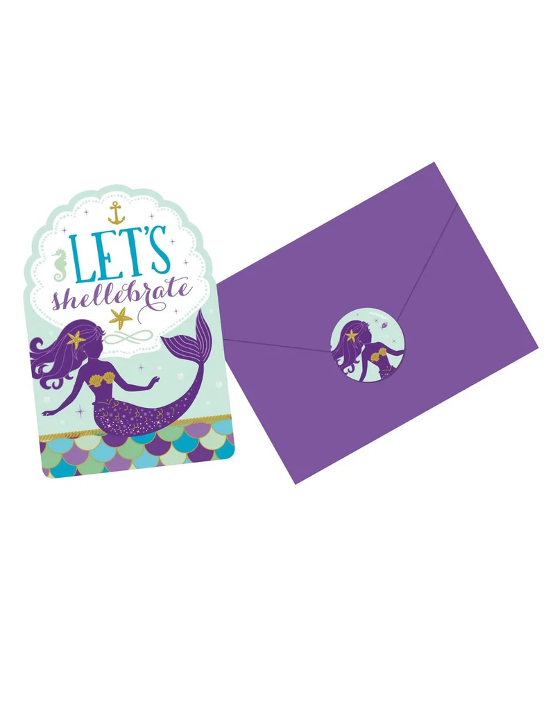8 Einladungen und Umschläge + Meerjungfrauen-Traum-Sticker 10 x 15 cm für Geburtstag