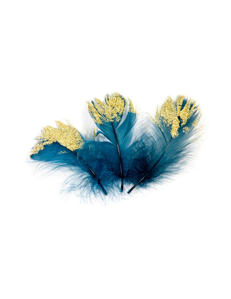20 königsblaue und goldglitzernde Federn 7,5 cm für Tischdekoration