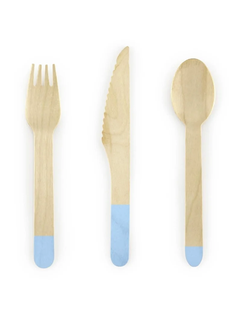 18 hellblaue Holzbesteck 16 cm, Partybesteckset