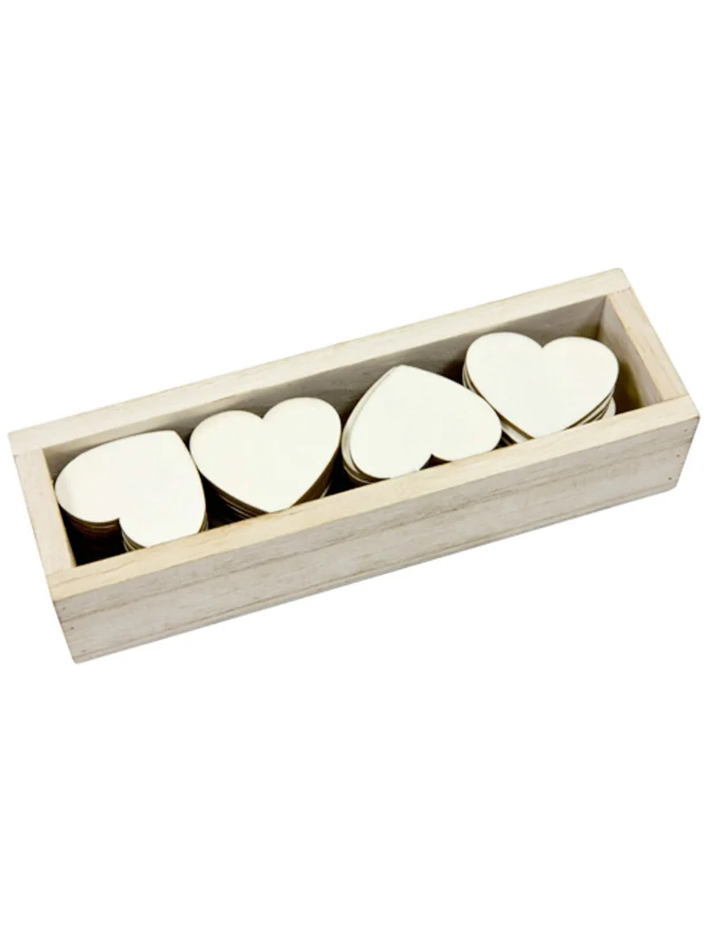 Schachtel mit 48 Herzen aus Holz, 4 cm, für Hochzeiten