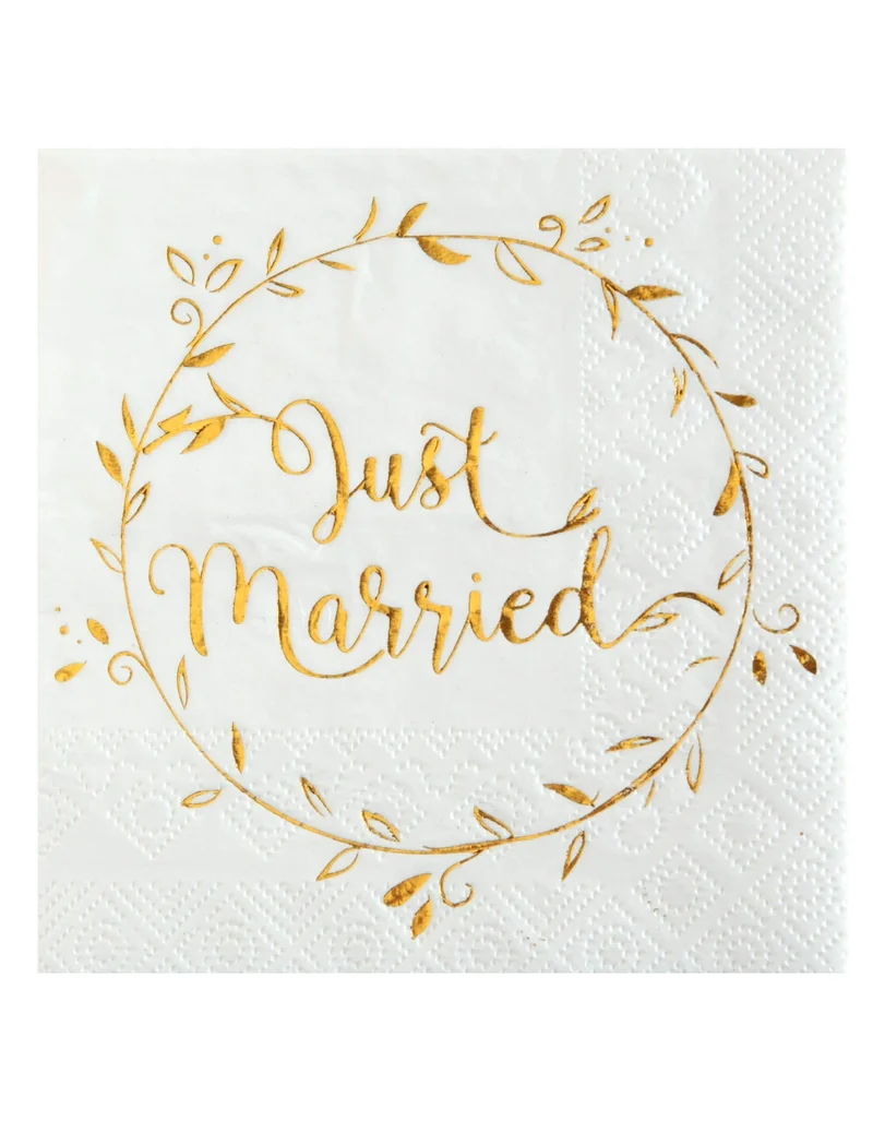 20 kleine "Just Married" Servietten metallic 25 x 25 cm weiß