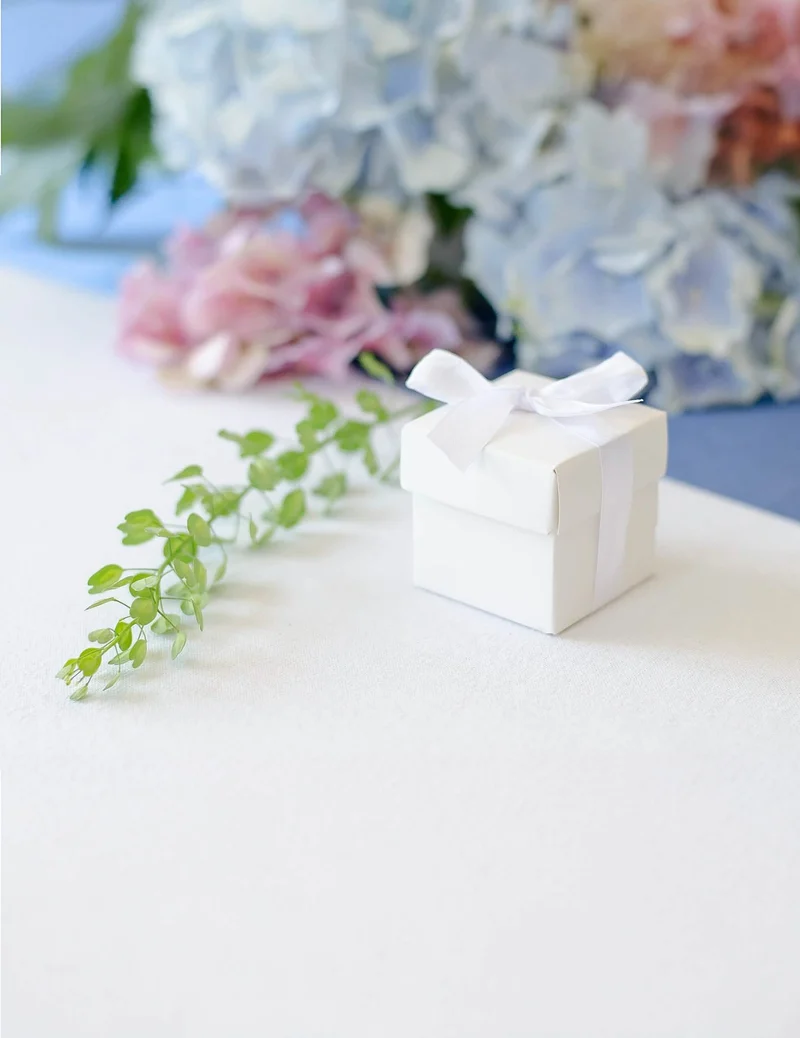 10 weiße Kartonboxen mit Band 5,2 x 5,2 cm für Hochzeiten