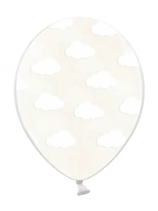 6 transparente Naturkautschukballons mit weißen Wolken 30 cm