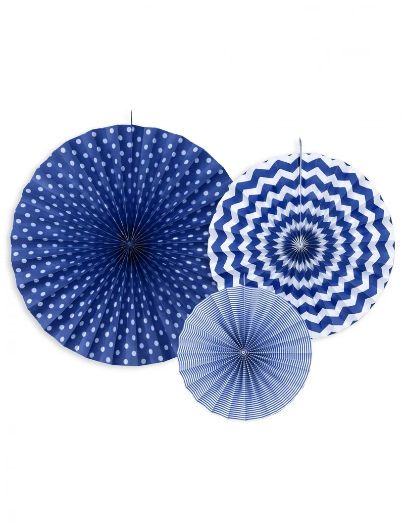 3 marineblaue Papierrosetten 23, 32 und 40 cm mit Mustern