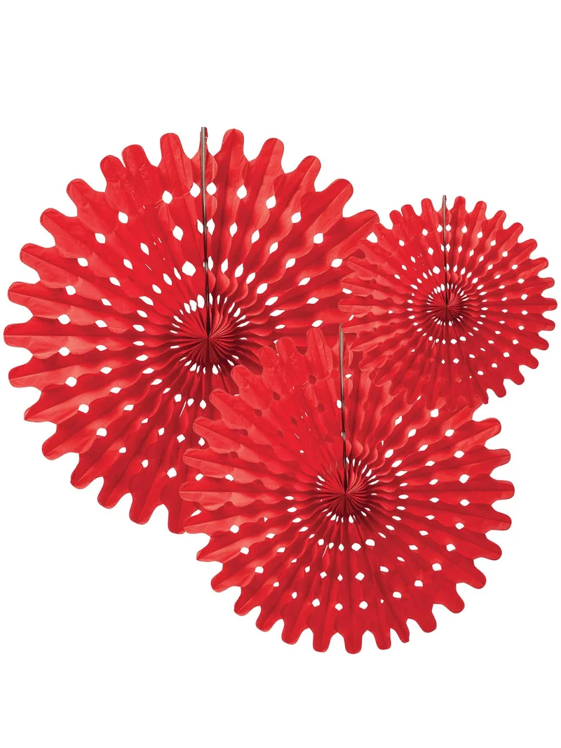 3 rote Papierfächerrosen zum Aufhängen, 20, 25 und 30 cm