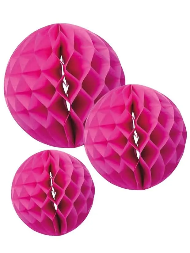3 fuchsia-rosa Wabenbälle aus Papier 15, 20 und 25 cm zum Aufhängen