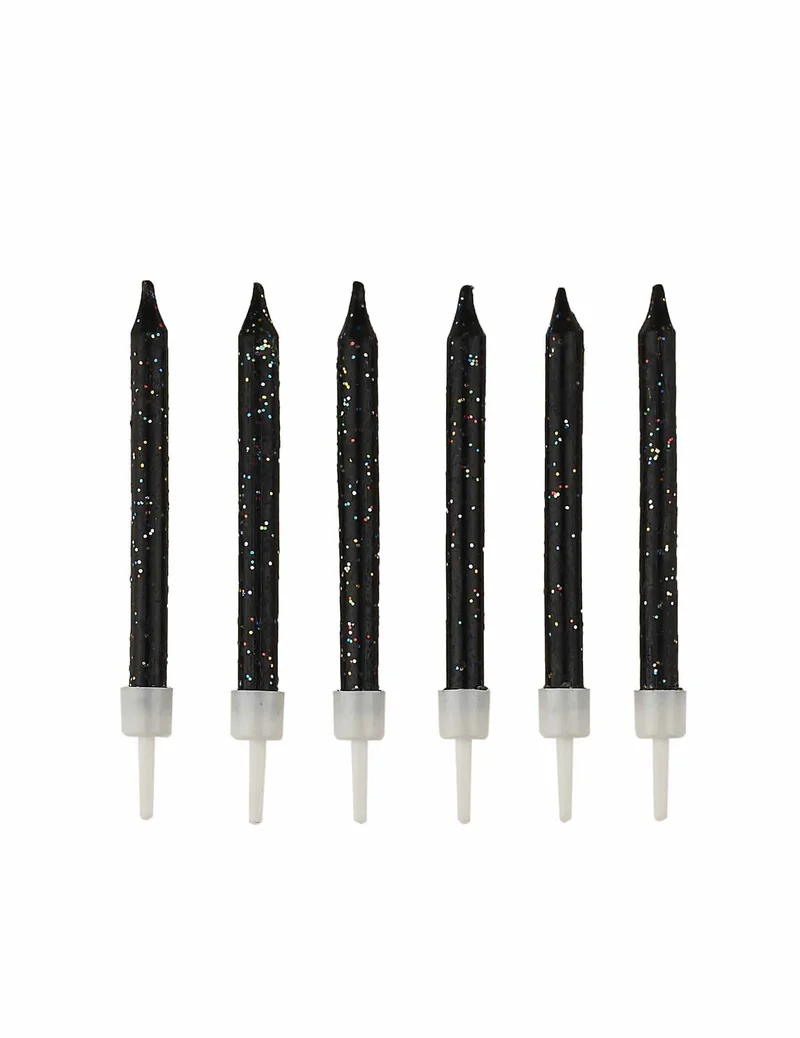 12 schwarze Glitzerkerzen 7,5 cm mit Haltern