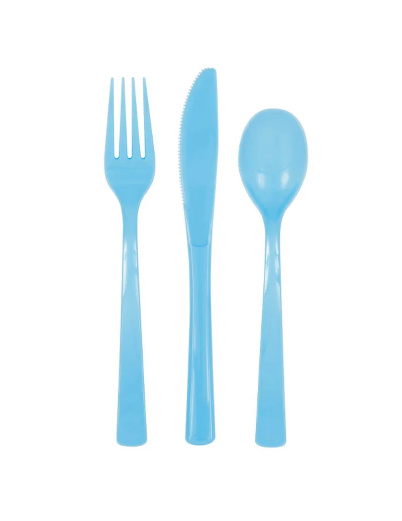 18 wiederverwendbare Besteckteile aus pastellblauem Kunststoff