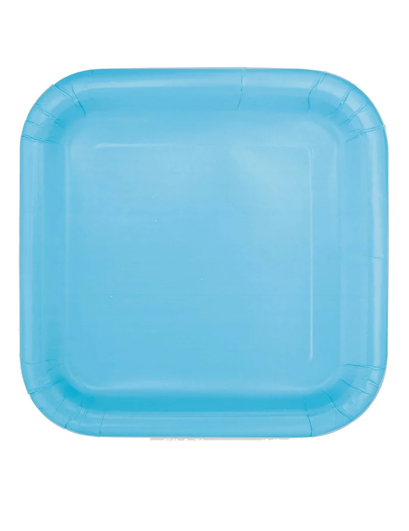 14 quadratische Pappteller Pastellblau 22 cm für Babyparty