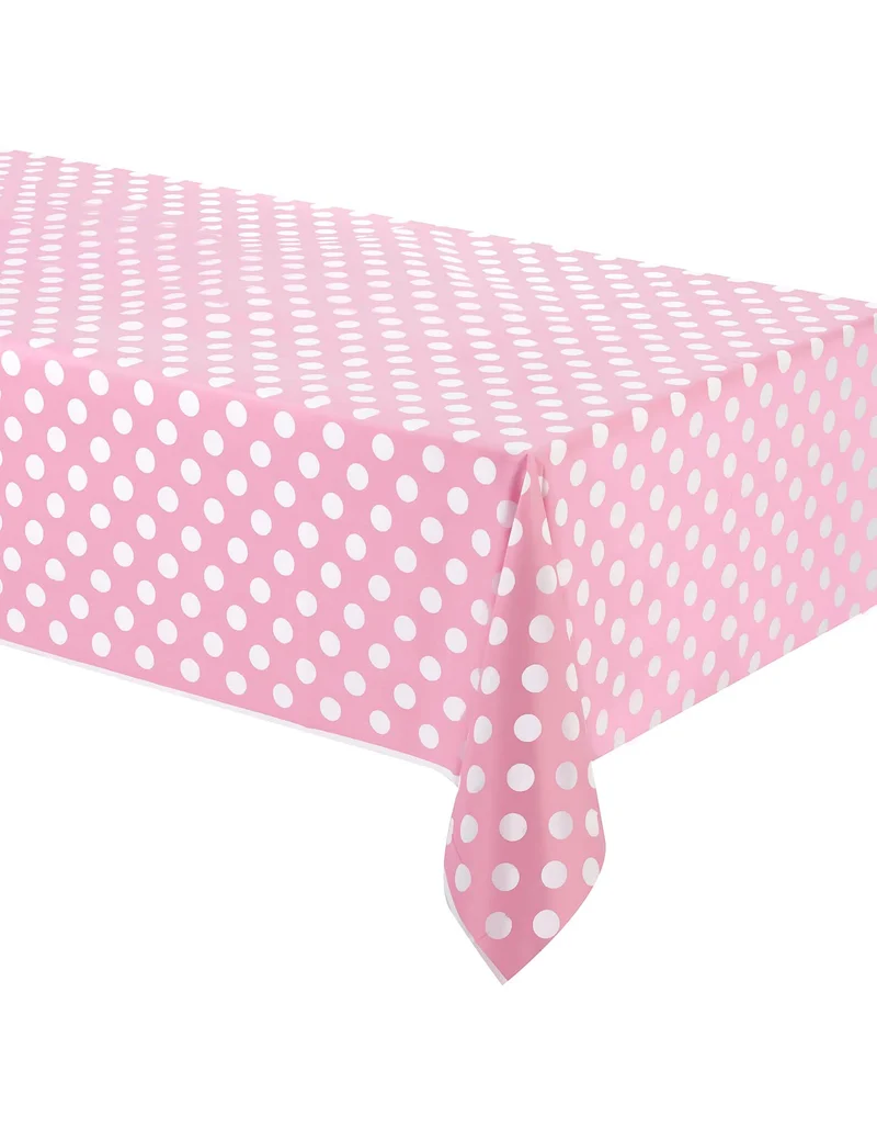 Rosa Tischdecke mit weißen Punkten, Kunststoff, 137 x 274 cm, Retro-Partydekoration