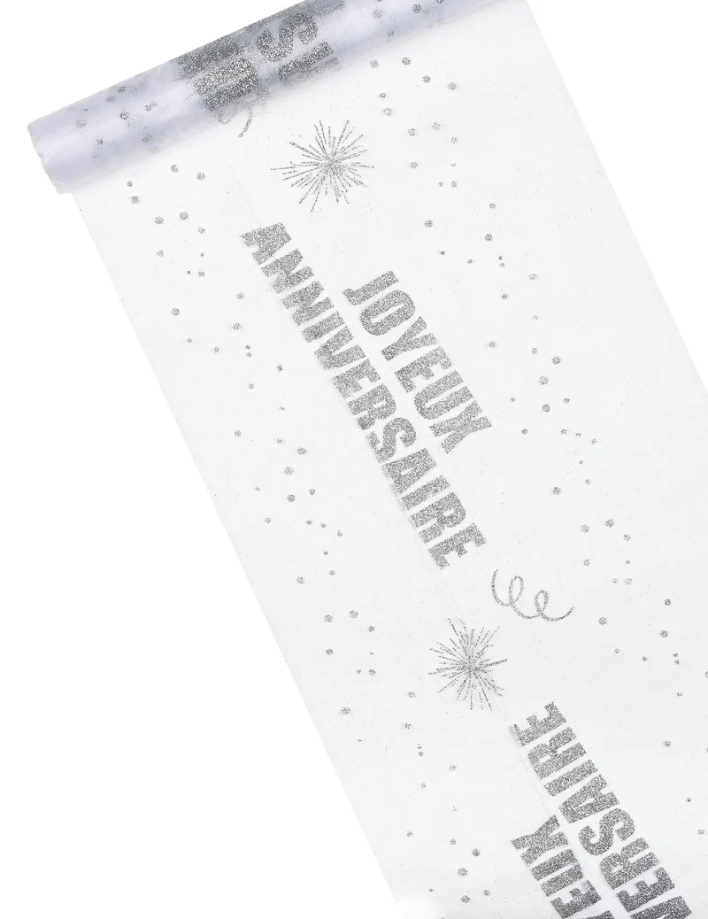 Organza-Tischläufer "Alles Gute zum Geburtstag" mit Silberglitzer 29 cm x 5 m