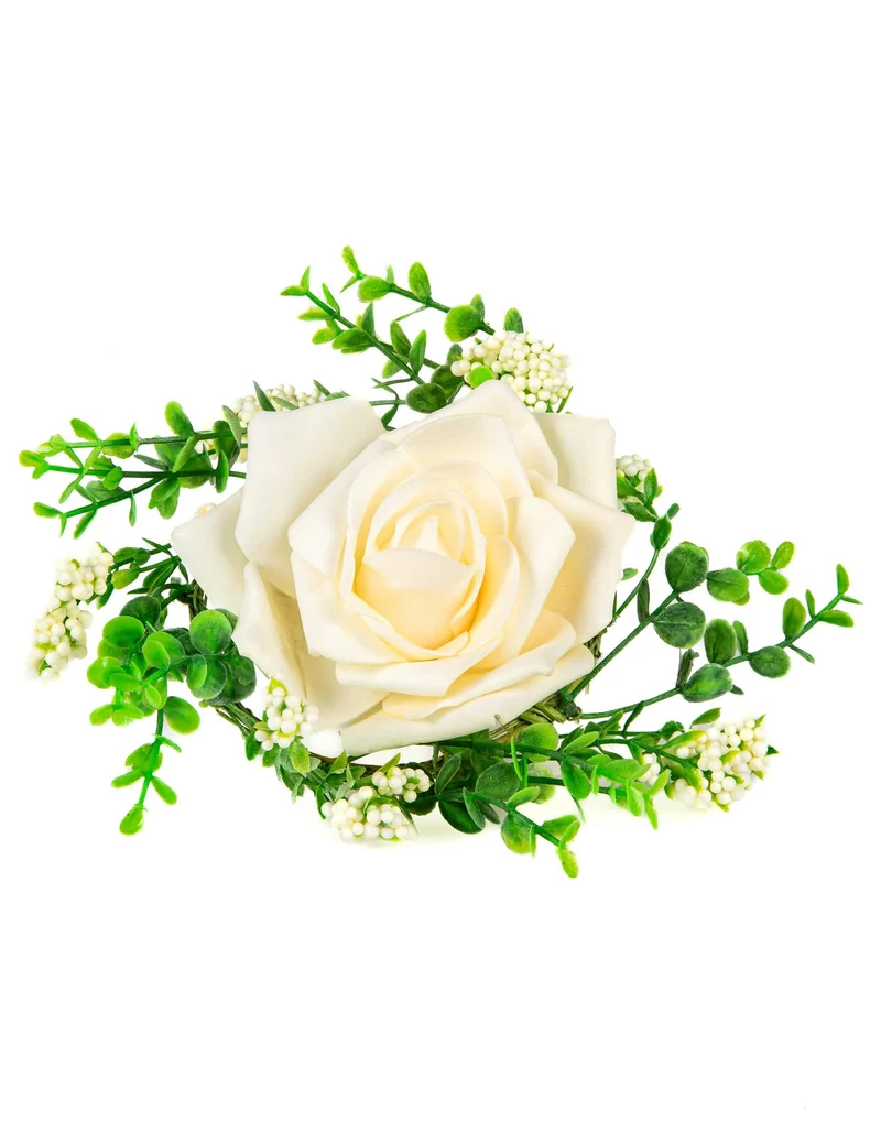 Tischmitte Rose und Elfenbeinlaub 18 cm ländliche Hochzeit