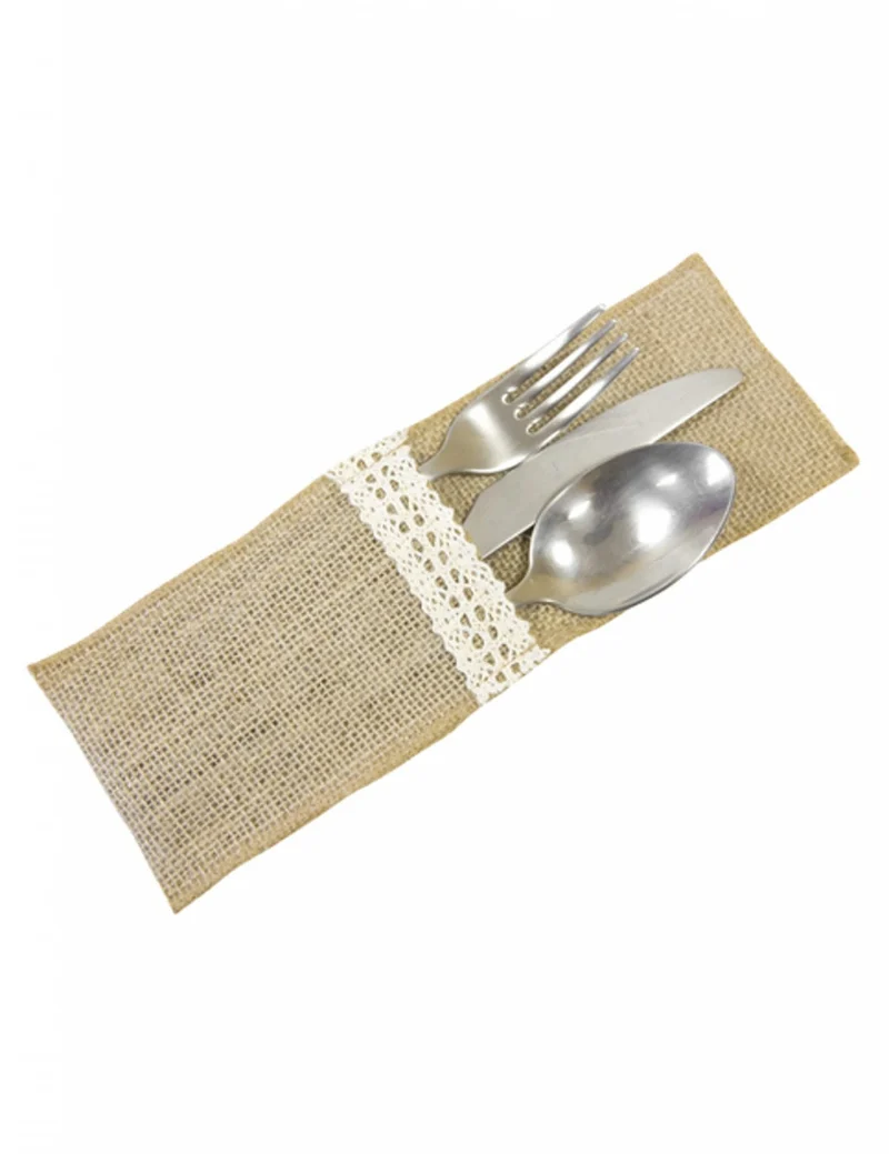4 Besteckhalter Jute-Effekt und weiße Spitze 8,5 x 24,5 cm