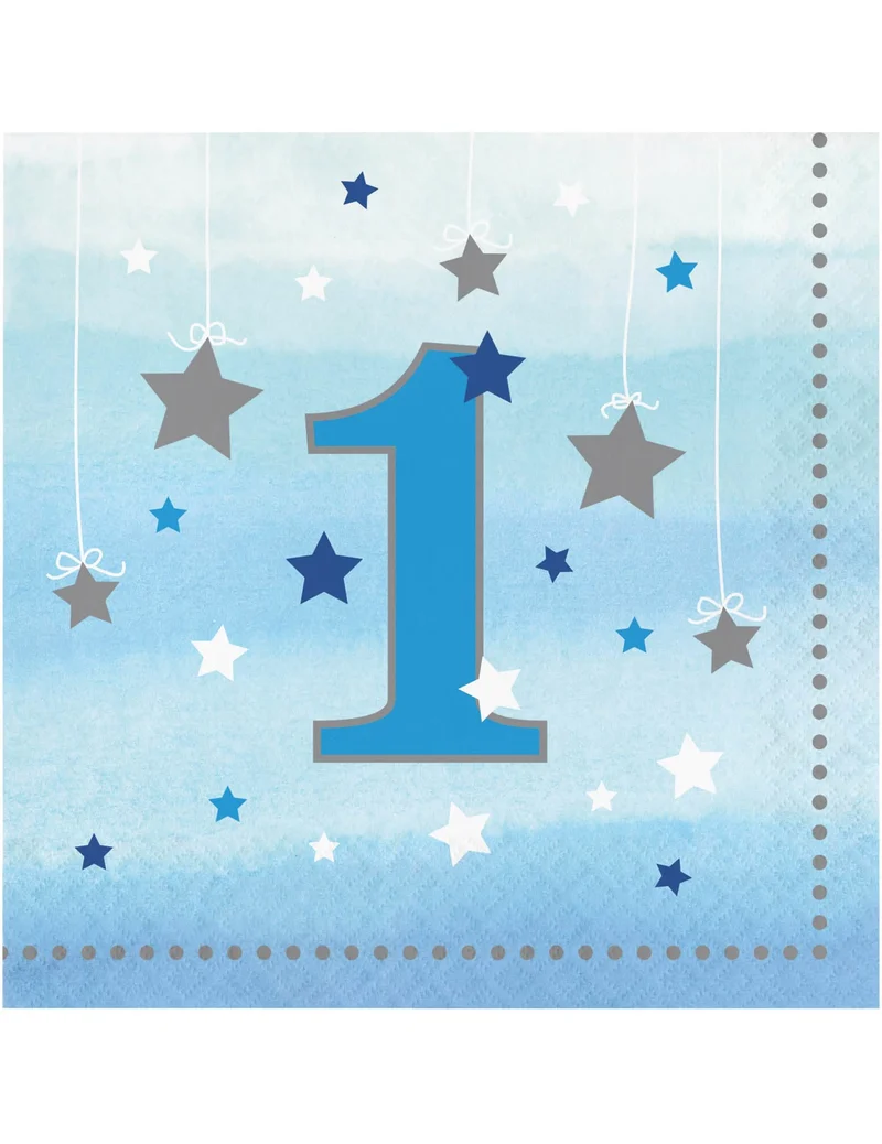 16 Servietten 1 Jahr One Little Star blau 33 x 33 cm mit silbernen Sternen