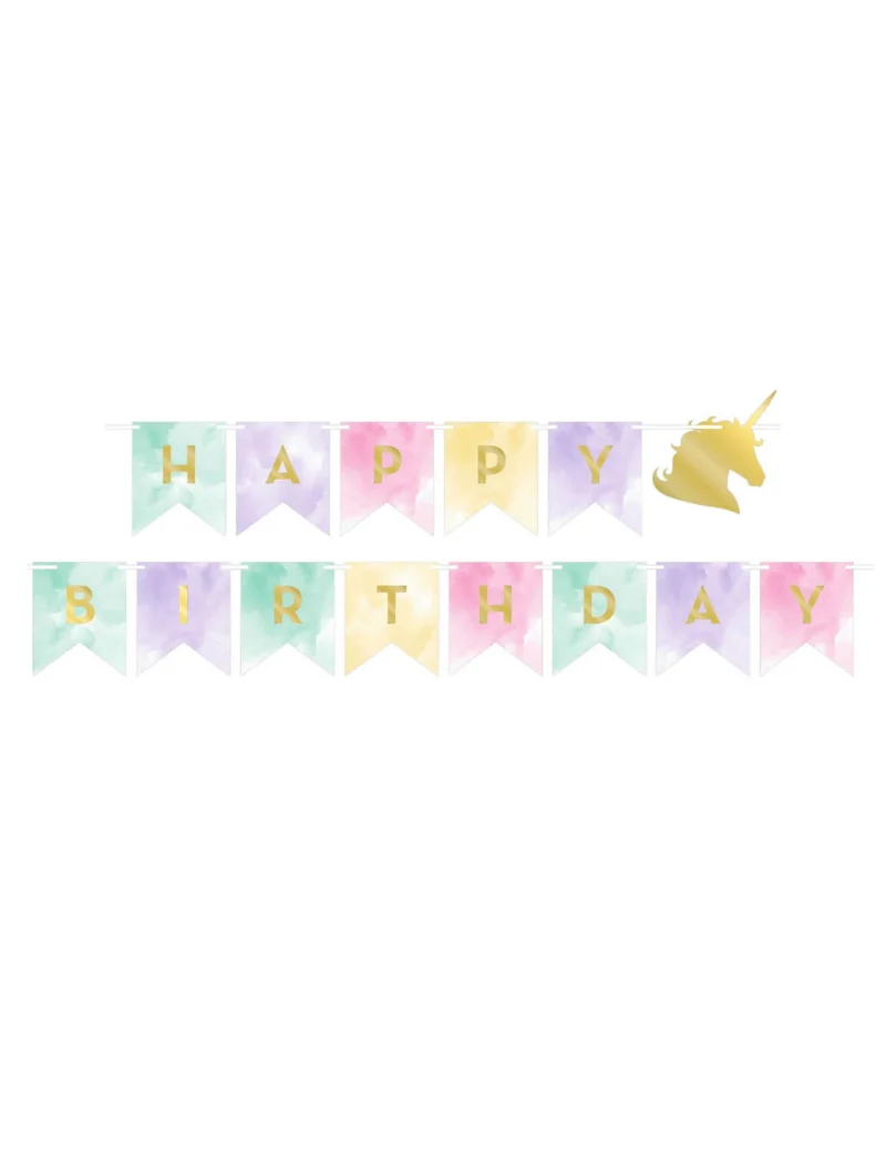 Einhorn Geburtstagsgirlande 14 cm x 2,4 m Pastell und Gold
