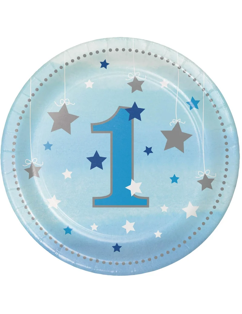 8 kleine erste Geburtstags-Teller One Little Star blau 17 cm Karton
