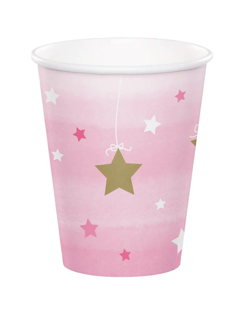 8 One Little Star rosa Pappbecher 256 ml mit goldenen Sternen