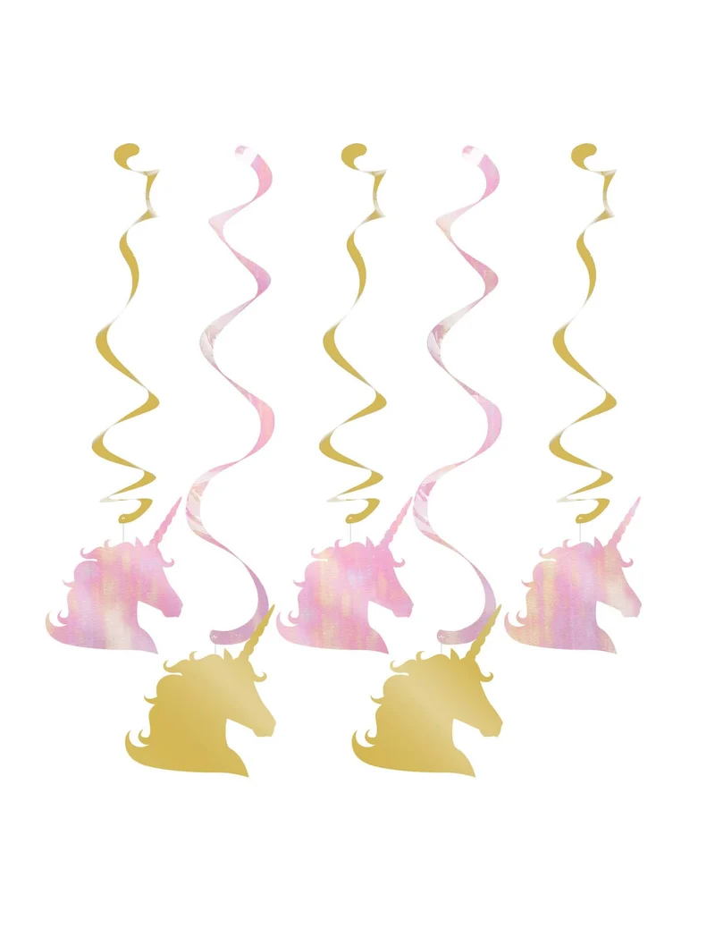 5 Einhorn Hängedekorationen 99 cm irisierende Spiralen