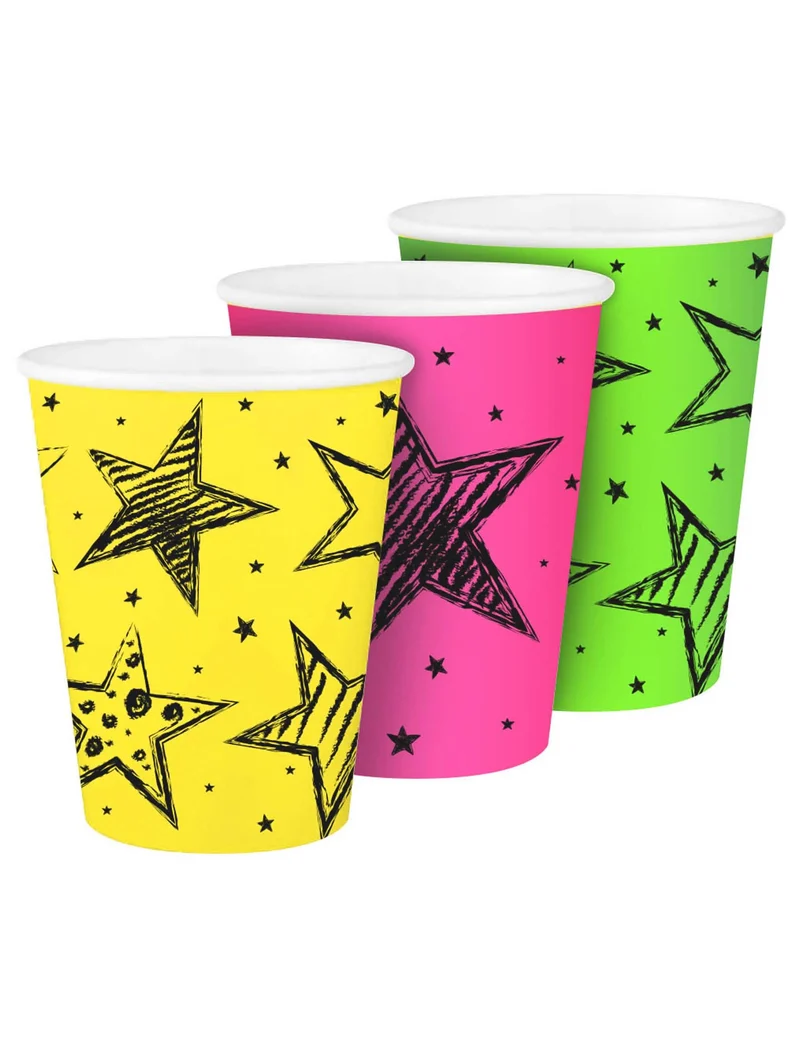 6 Neon-Party Pappbecher 250 ml, Leuchtsterne