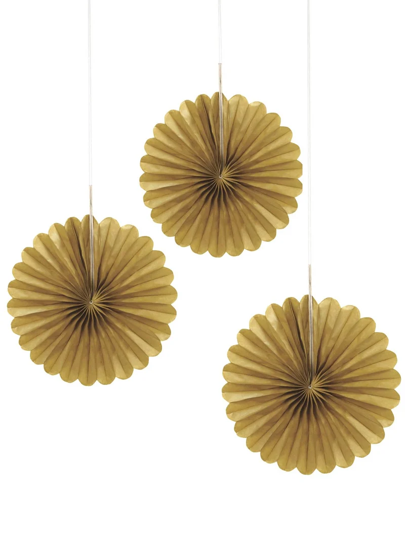 3 goldene Mini-Papierrosetten 15 cm zum Aufhängen