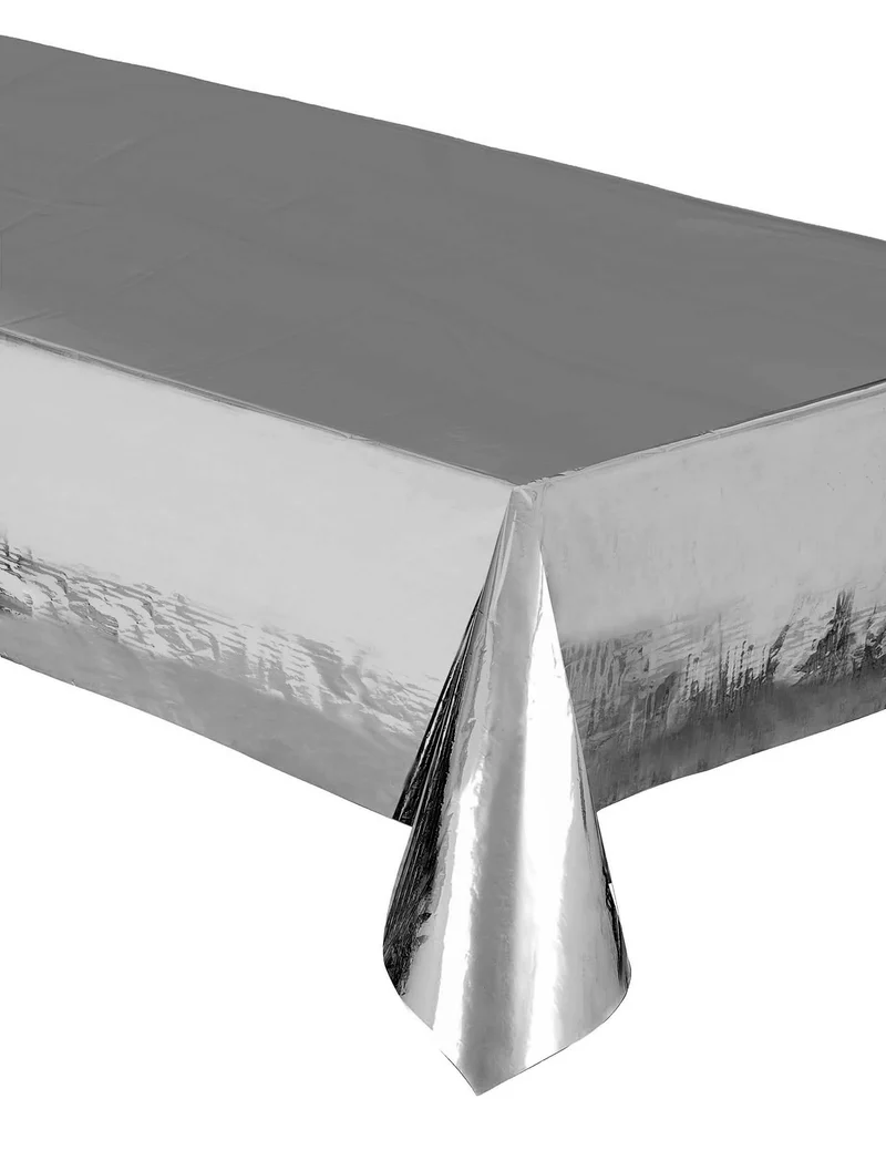 Metallische silberne Plastiktischdecke 137 x 274 cm wasserdicht und wiederverwendbar