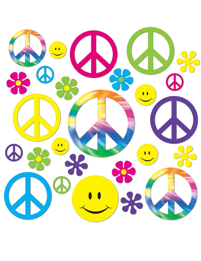 42 Papp-Dekorationen Hippie Peace, Smileys und Blumen