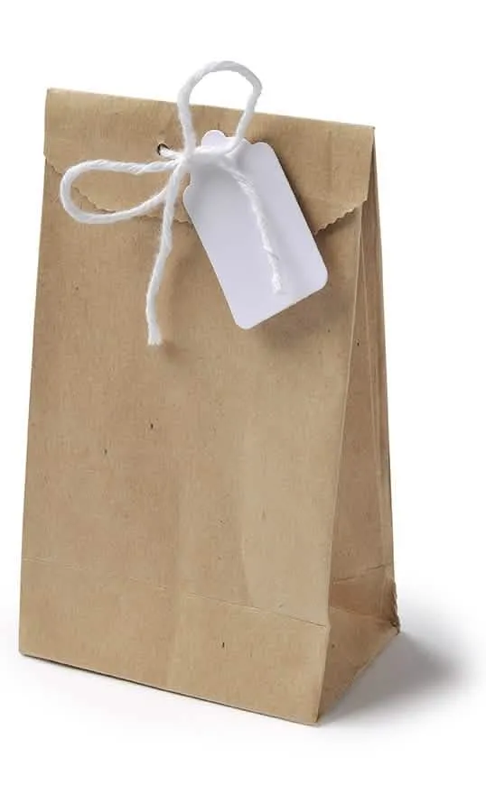 6 kleine Kraftpapierbeutel 7,5 x 12,5 cm mit Etiketten und Schnüren