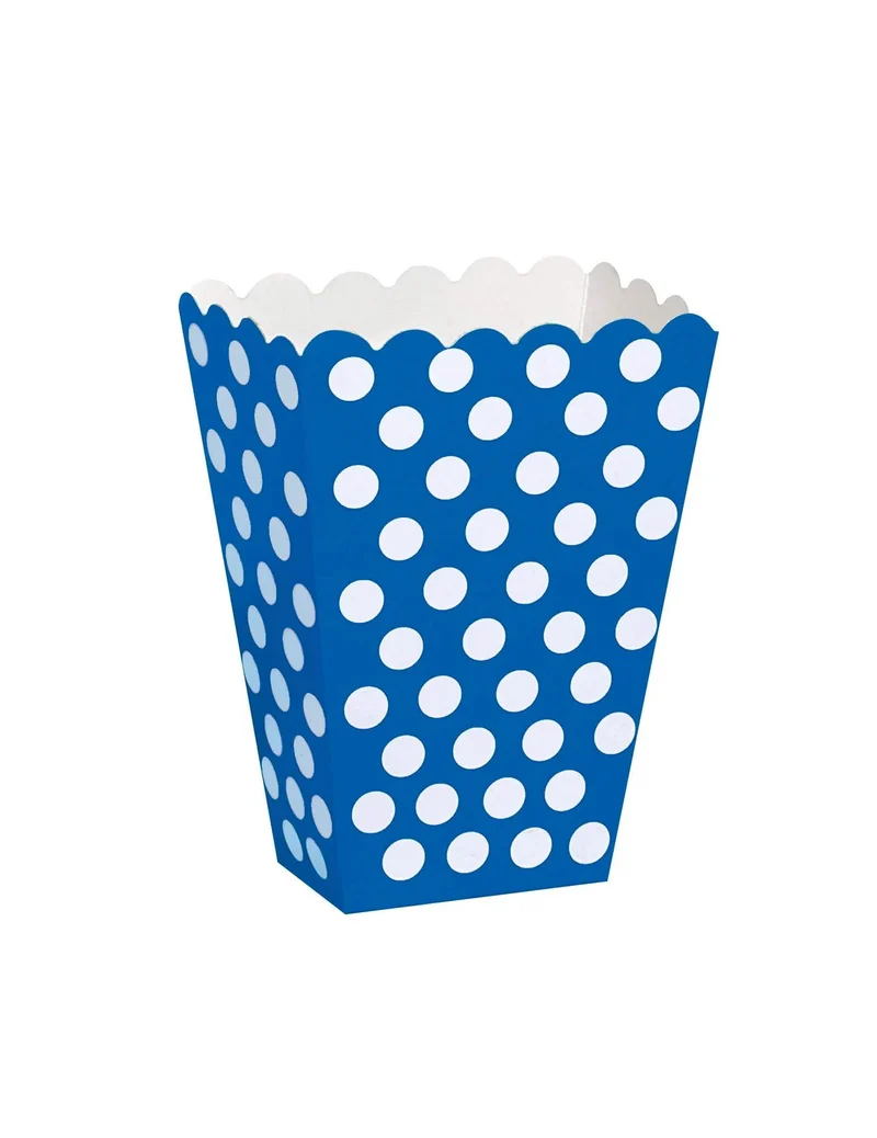 8 blaue Popcornboxen mit weißen Punkten aus Pappe