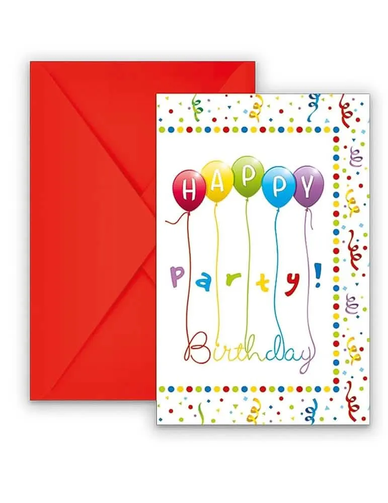 6 Einladungskarten mit roten Umschlägen Happy Birthday