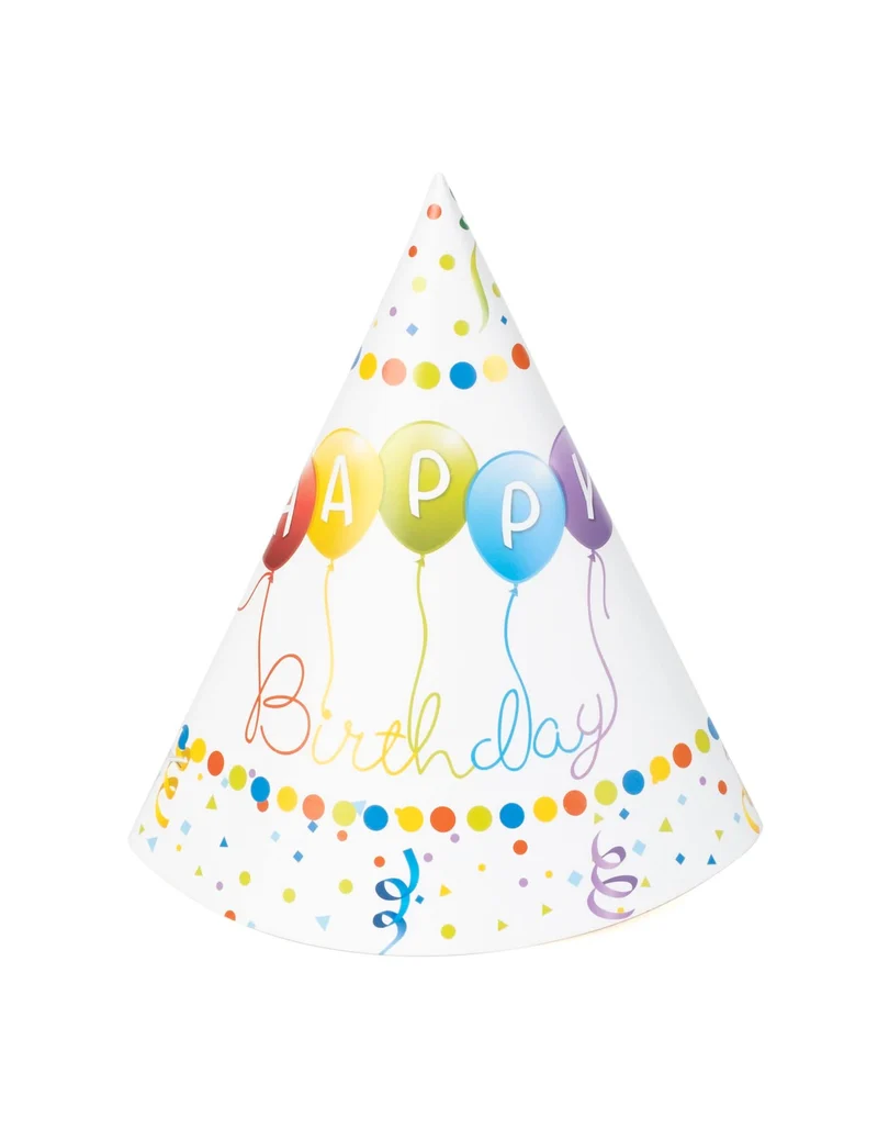 6 Happy Birthday Partyhüte aus Karton mit Gummiband