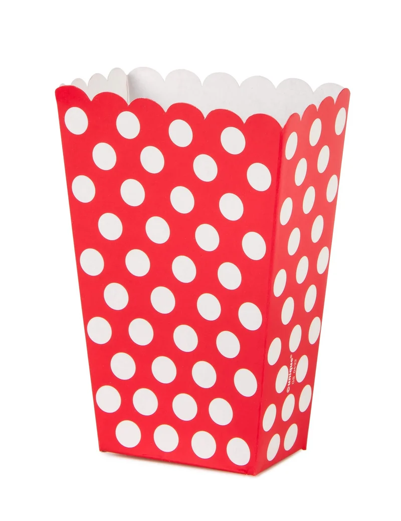 8 rote Popcorn-Boxen mit weißen Punkten aus Karton