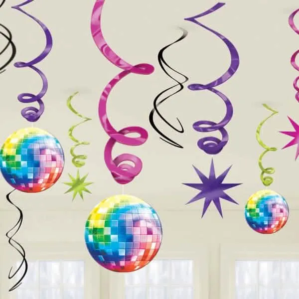 12 Disco-Hängedekorationen: Spiegelkugeln und Spiralen