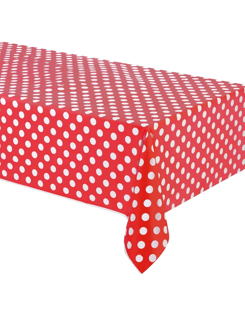 Rote Tischdecke mit weißen Punkten, rechteckig, Kunststoff, 137 x 274 cm