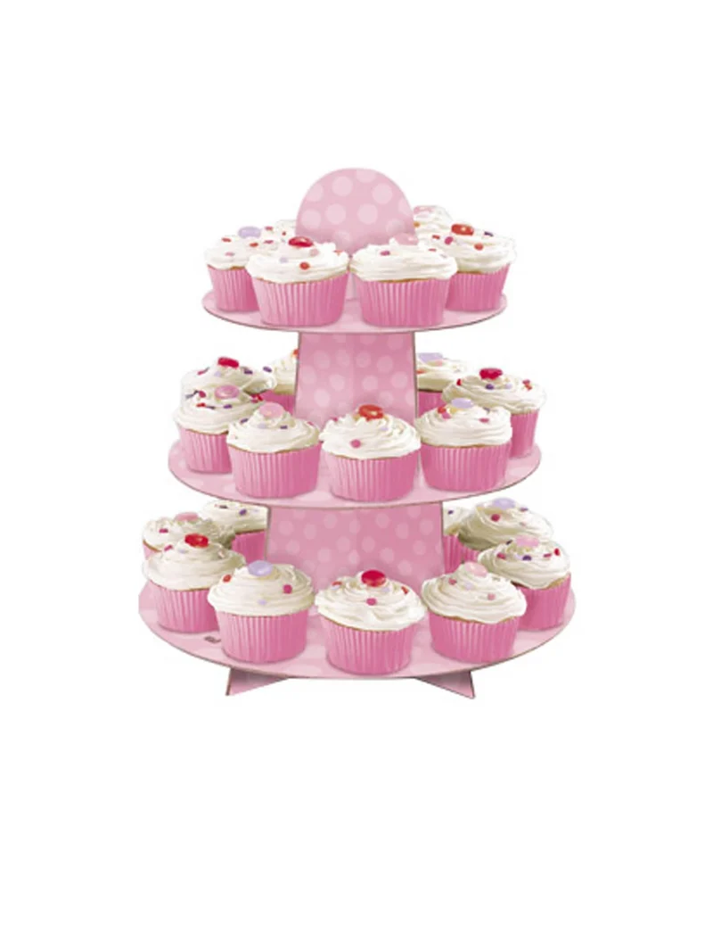 Rosa 3-stöckiger Cupcake-Ständer aus Karton mit Punkten