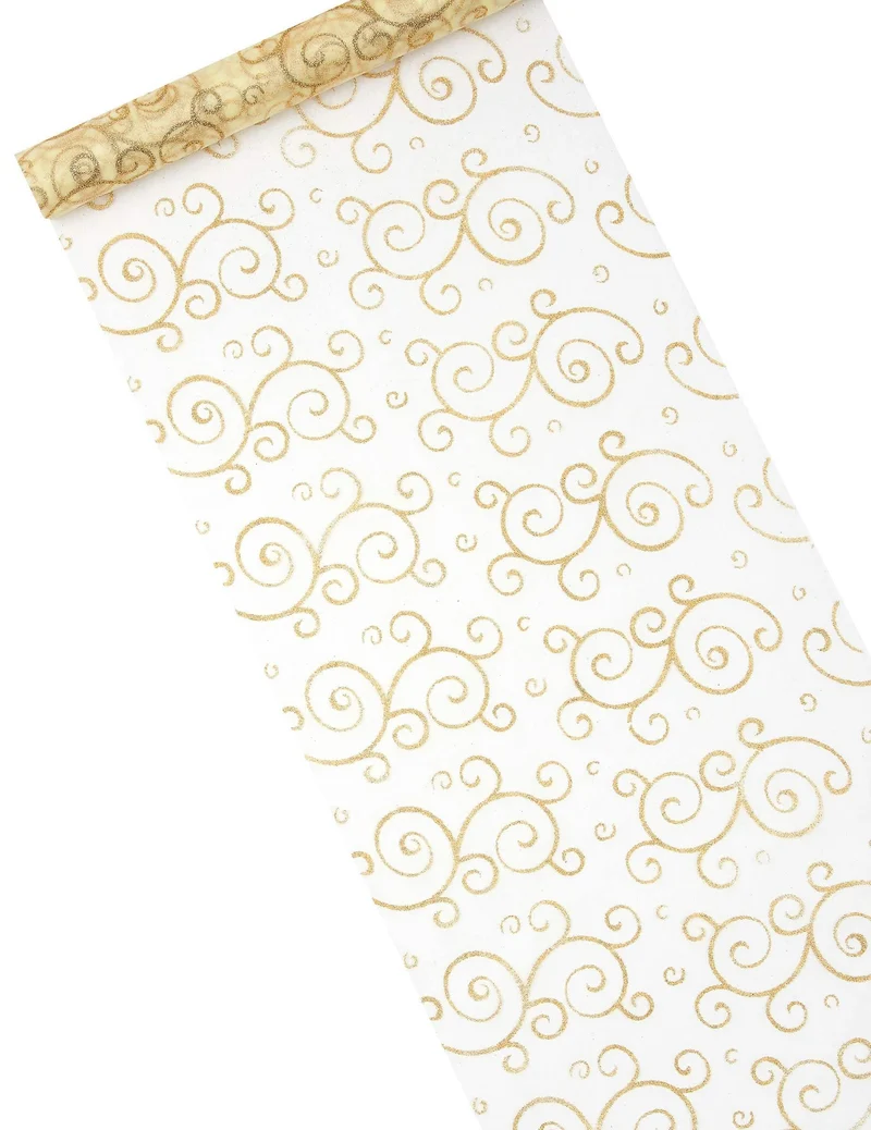 Goldener Organza-Tischläufer mit Glitzer-Arabesken 28 cm x 5 m auf Rolle
