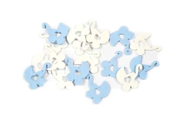 24 blaue und weiße Kinderwagen-Tischkonfetti 10 g für Taufe