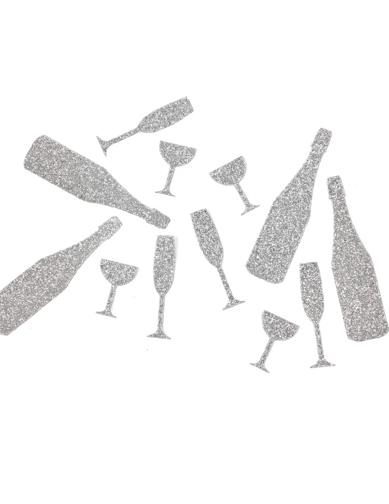 12 silberne Champagner-Tischkonfetti 10 g, Gläser und Flöten