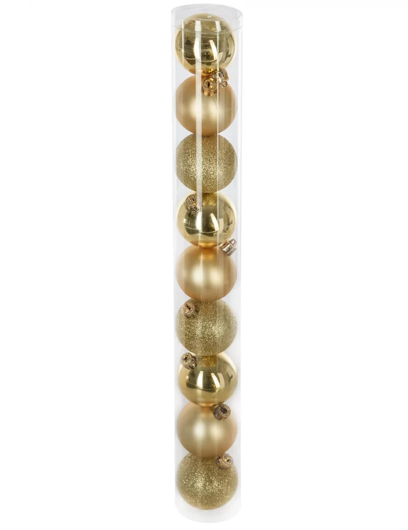 9 goldene Weihnachtsbaumkugeln 6 cm mit verschiedenen Oberflächen