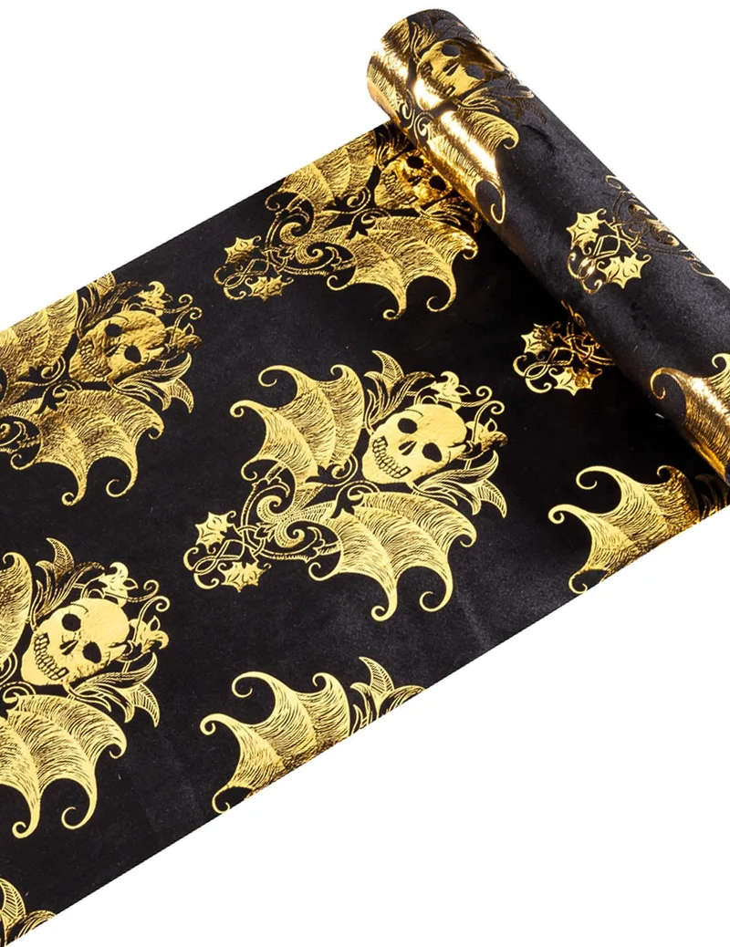 Tischläufer Schwarz mit goldenem Skelettdruck